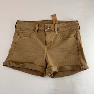 American Eagle Super Stretch Khaki Shorts Women 10 Tan Cuffed Hem | Minimalist